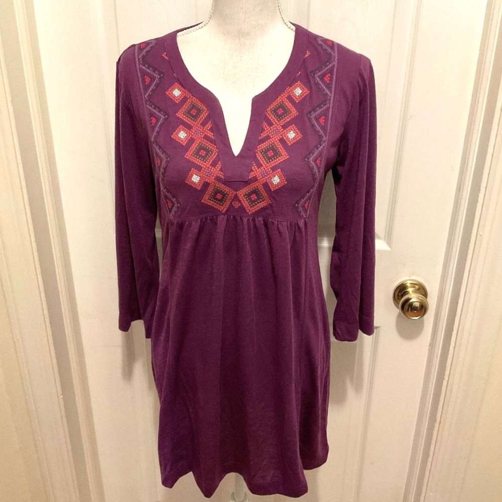 Prana dress - size M - long sleeve purple embroidered dress - boho embroidery